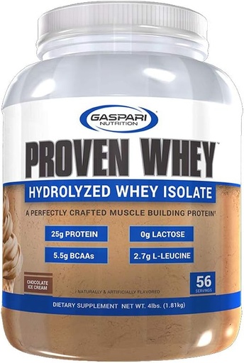 [BRSWGAQYOIIBGCLH] Gaspari Ernæring Proven Whey, 100% Hydrolysert Whey-isolat, høyprotein, saltvannsfri, lavkarbohydrat og lav sukker (4lb, sjokoladeis)