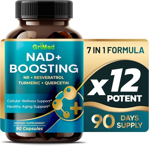 [BRSROGT2OIHAICTV] GriMed NAD + Boosting 16,550mg- x12 Power med NR + Resveratrol gurkemeje + Quercetin - Cellular Energy, Cellular Repair, Sund Aging - USA Made & Testet (90 Tæl (pakke med 1))