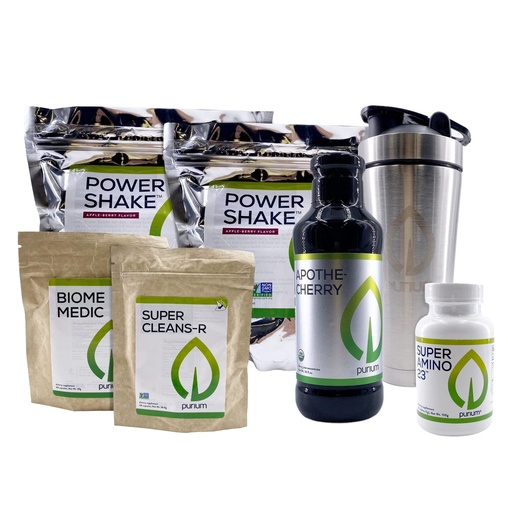 [BRSWIBIIBEHBCFA7] Purium Cleansing + Fitness Bundle - Includes Power Shake (Apple Berry), Apothe-Cherry, Super Amino 23, Super CleansR, Biome Medic, & Blender Bottle
