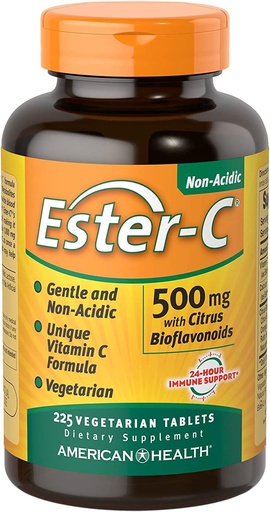 [BRSWIY3ZON4BQDQ5] Ester-C American Health with Citrus Bioflavonoids Vegetarian Tablets, 24-Hour Immune Support, Gentle on Stomach, Non-Acidic Vitamin C, Non-GMO, Gluten-Free, Vegan, 112 Servings, 500 mg, 225 Count