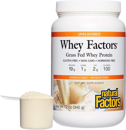 [BRSWIY3QAEAGGGTA] Whey Factors by Natural Factors, Grass Fed Whey Protein Concentrate, Aids Muscle Development and Immune Health, Unflavored, 12 Oz