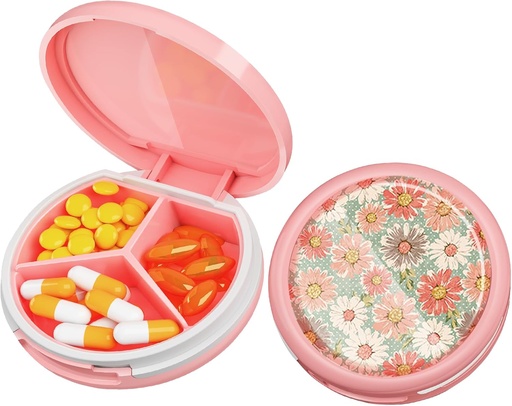 [BRSRMADQOB5WEAI2] Serfeymi Small Pill Box - 3 Compartimientos Caja de Píldora Portátil, Caja de Píldora compacta Mini Travel Pill - Apto para Medicina, Vitamina, Petróleo de Pesca, Suplementos - Rosa(Daisy)