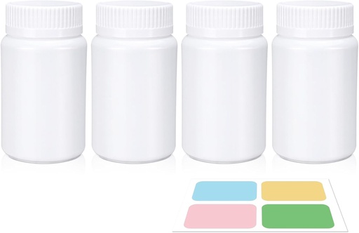 [BRSRAZT4OEMA23IY] White Pill Bottle, Empty Medicine Bottles with Screw Caps for Pills Capsules Vitamins, Food Grade Plastic Medicine Containers with Labels for Travel (3.4oz/100ml, 4 Pcs)