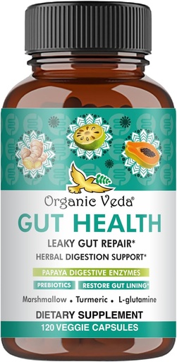 [BRSWYBLYCUCGO3LH] Organic Veda Marshmallow Turmeric Gut Supplement - Digestion Health, Leaky Gut Repair & Cleanse Support - Papaya Digestive Enzymes, Prebiyotiks, L-Glutamine, Green Banana, Psyllium Husk - 120 Kapsül