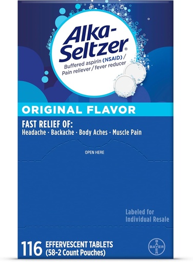 [BRSRO2YTOAFQKCD6] Alka-Seltzer Effervescent Tablets Original Flavor, Fast Multi-Symptom Relief from Headache and Body Ache, Dissolvable Effervescent Fizzy Tablets, Pain Relief Dispenser Pack, 116 Ct