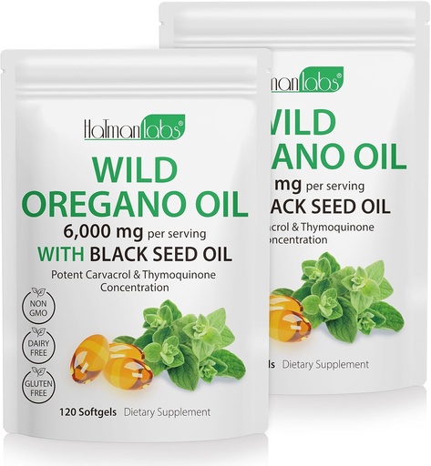 [BRSRAAT3C4BRY2YY] Oil of Oregano Capsules - 2 in 1 6000mg Oil of Oregano with Black Seed Oil 200mg - Oregano Oil Supplement Capsules - Digestive Support & Antioxidant, Non-GMO Digestive Support (2 Pack)