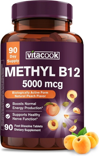 [BRSRMGQ2CEAW2AD2] Vitamina B12 Sublingual, Methylcobalamin 5000mcg para produción de enerxía, enerxía, soporte nervioso e células, Llavor de pexego natural, Vegan, azucre cero, 90 tabletas de disolución rápida