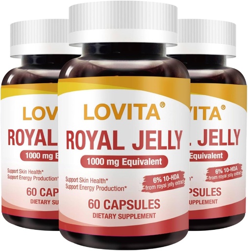 [BRSRAAIFPJYWAHY2] Lovita Royal Jelly 333 mg, 3:1 Concentrate, with 20mg 10-HDA, Natural Source Super Food, Supports Skin Health & Energy Production, 60 Capsules (Pack of 3)