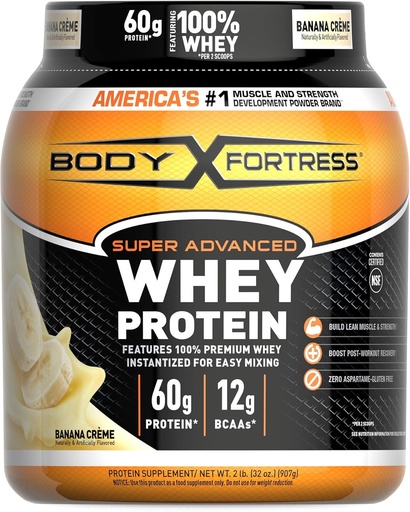 [BRSWECATA55WK2DL] Body Fortress Super Advanced Whey Protein Powder, Banana Creme Flavored, Gluten Free, 2 Lb