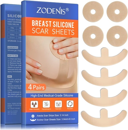[BRSW2HQBAQCRQFAV] Hojas de cicatrices de silicona para el pecho - 8 Pack, incluyendo 4 tiras suaves de Areola &amp; 4 hojas de ancla