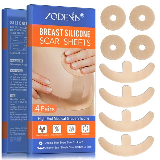 [BRSW2HQBAQCRQFAV] Silicone Scar Sheets for Breast - 8 Pack, Including 4 Areola Soft Strips & 4 Anchor Sheets