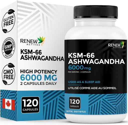 [BRSRMCYQCQOQ23T6] Renew Actives Ashwagandha KSM-66 Supplement 500MG per Serving with Black Pepper for Superior Absorption - Focus & Mood Support to Increase Energy & Sleep Aid - Made in Canada - 120 Capsules