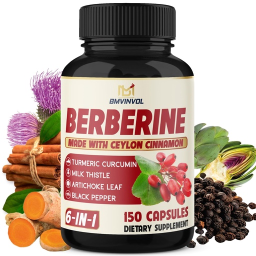 [BRSW2YYEBEPQEAY2] Berberine with Ceylon Cinnamon, Turmeric, Milk Thistle, Artichoke, Black Pepper - 150 Count - Pack of 1