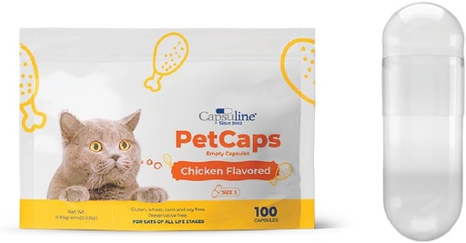 [BRSW2ZI6CAMAYHLZ] Capsuline PetCaps Size 3 Empty Gelatin Capsules for Cats of All Life Stages, Chicken Flavored - 100 Count| Hides Medicine Taste & Scent | Gluten Free, Kosher, Non-GMO Certified | Pure Bovine Pill Caps