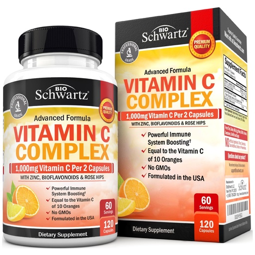 [BRSWYZALCEDRYGTF] BioSchwartz Vitamin C Complex Supplement - Vitamin C 1000mg Capsules with Rose HIPS Zinc and Citrus Bioflavonoids for Immune Health, Cellular Energy, Collagen Production, 120 Count (60 Day Supply)