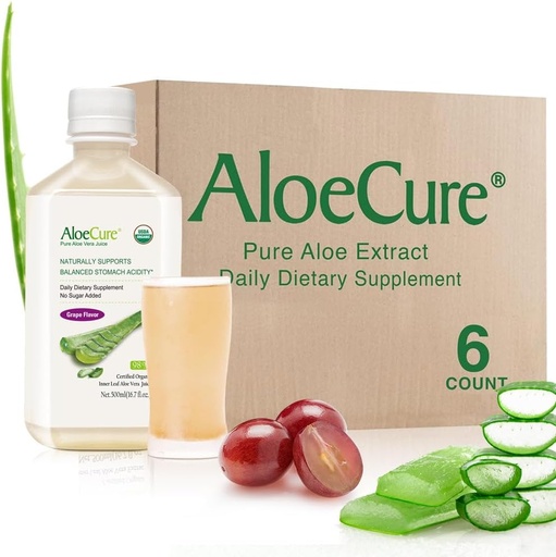[BRSWIHI7AIGB6HIV] AloeCure USDA 有机Aloe Vera Juice Grap Flavor,在收获12小时内制作 - 纯Aloe Vera 消化和免疫健康补充,帮助保持平衡胃酸,16.7oz x 6 Btls