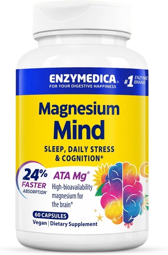 [BRSRMZL3OR7AIH3O] Enzymedica, Magnez Mind z ATA Mg, 24% Szybsze wchłanianie, Wysokowydajność Magnezu do snu, Stres i Cognition, 60