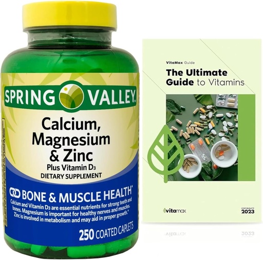 [BRSRAGIFC4MBSADJ] Calcium, Magnesium, Zinc & Vitamin D3. Exclusive Vitamin Guide + Spring Valley Calcium, Magnesium & Zinc Plus Vitamin D3 Caplets Dietary Supplement, 250 Count