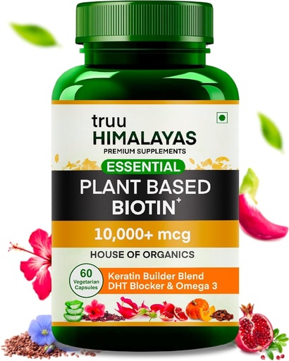 [BRSRAHALA55GEA3K] Plant Based Biotin 10000mcg for Hair Growth with DHT Blocker, Keratin & Omega 3 Supplement Vitals for Men & Women - Ayurvedic Nutrients for Hair Fall, Skin & Nails Health - 60 Capsules
