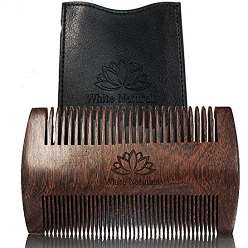[BRSWGHD2OZ5QKCT6] White Naturals Beard Comb for Men, Wooden Natural Sandalwood, Fine Dual Action Teeth, Handmade Premium Sandal Wood, Perfect for Balms and Oils, Includes PU Leather Case, Pocket Size