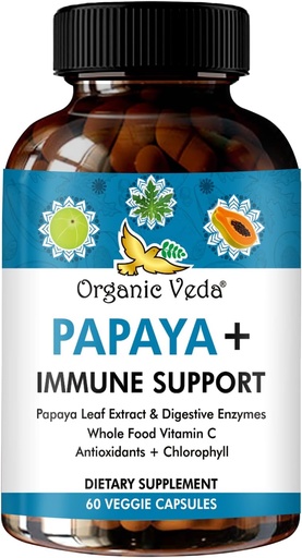 [BRSROAL7AEPW2HI7] Organic Veda Papaya Leaf Plus Supplement - Blood Platelet Super Extract Immune Capsules with Papaya Digestive Enzymes, Chlorophyll, Grape Seed Extract, Vitamin C - Bone Marrow & Gut Health - 60 ct