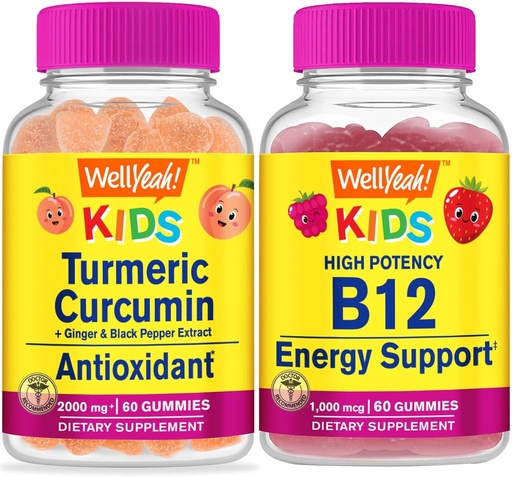 [BRSROEA2DJYWEF3Z] WellYeah Kurkumina Kurkumina Dzieci + Witamina B12 Dzieci, Gummies Bundle - Great Desting, Suplement witaminy, Gluten Free, GMO Free, Gummy do żucia