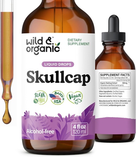 [BRSROY37BMHWM2DF] Wild & Organic Skullcap Herb Tincture - Skullcap Supplement for Mood Support - Relaxing Liquid Extract Drops - Vegan, Sugar & Alcohol-Free - 4 fl oz