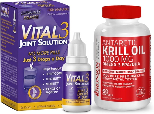 [BRSWYZQDBYGQKEQU] Vital 3 Joint Solution® Clinically Proven Liquid Knee Relief + Bronson Antarctic Krill Oil 1000 mg with Omega-3s EPA, DHA
