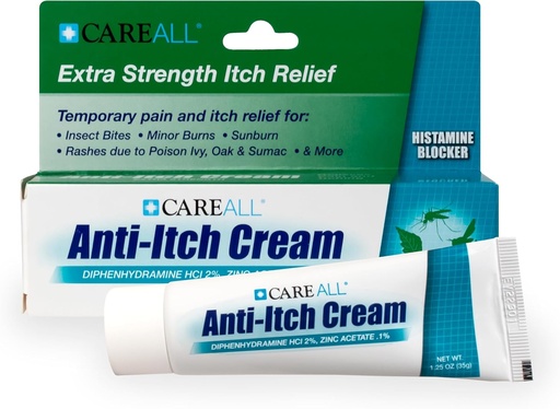[BRSRAYA6B4JRSD3J] CareAll Anti-Itch Cream 1.25oz Histamine Blocking, Diphenhydramine HCI 2% a Topical Analgesic & Zinc Acetate 0.1% a Skin Protectant Provide Temporary Pain and Itch Relief from Common Outdoor Itches