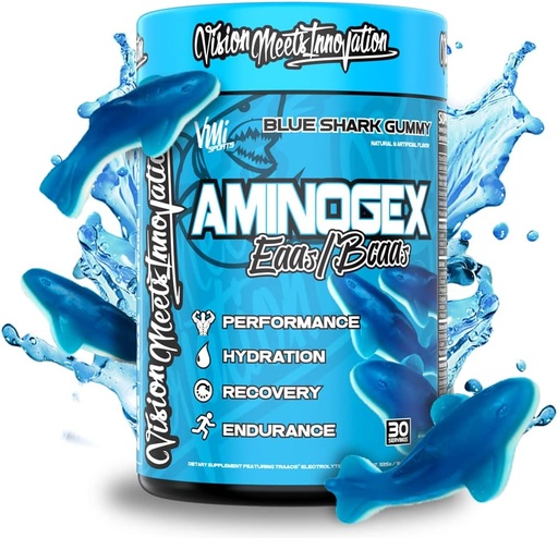 [BRSROYADAUCQADTU] VMI Sports Aminogex Ultra | EAA + BCAA Powder | Amino Acid + Hydration Recovery Drink with Electrolytes, Betaine and Glutamine | (30 Servings) (Blue Shark Gummy)
