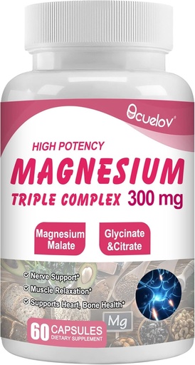 [BRSRA2Y3CMIAE3TO] Triple Magnesium Complex Supplement, 300mg Magnesium (Glycinate, Malate & Citrate) Complex for Muscles, Nerves, Bone & Energy | Vegan, Non-GMO | 60 Capsules