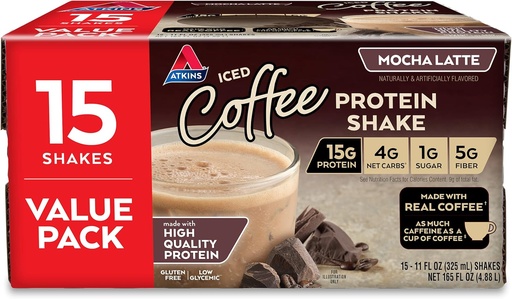 [BRSWG2YCBMDWAYAY] Atkins Guten Free Protein-Rich Shake, Mocha Latte, Keto Amithly, 15 comte