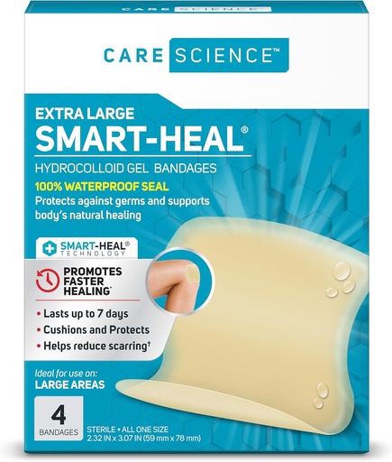 [BRSWGAYNDENQOETO] Care Science Smart Heal Hydrocolloid, Large, 2.3 in x 3 in, 4CT | 100% Waterproof Seal Promotes Healing, Reduces Scarring