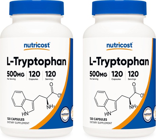 [BRSWKHQQOYAQCYLL] Nutricost L-Tryptophane 500mg, 120 Capsules (2 bouteilles)