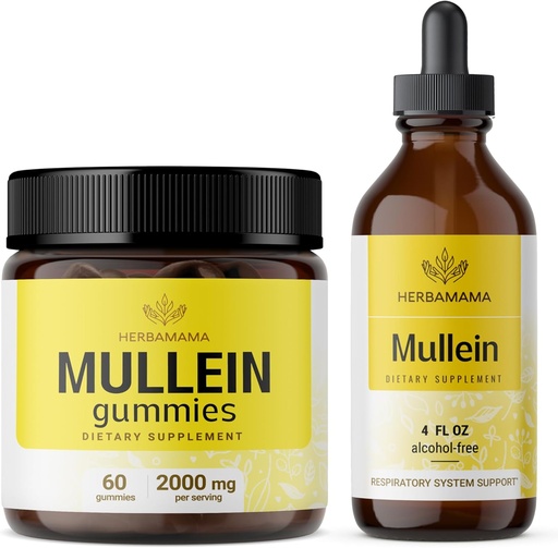 [BRSRAGAPPIPAOADK] HERBAMAMA Mullein Leaf Özü Kit - 2000 mg Mullein Leaf Gummies və Mullein Leaf Tincture 4 fl oz - Vegan, Non-GMO, Alkol-Free - 2 Paket