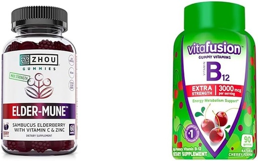 [BRSRAYYYBAAQEFDK] ZHOU Nutrition Elderberry Gummies Immune Support Bundle with Vitafusion Vitamin B12 Gummies Energy Metabolism Support, 60 and 90 Count