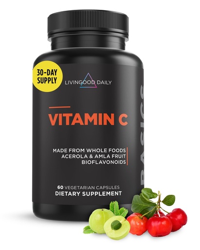 [BRSRAH37BZ7GEFL7] Livingood Daily Vitamin C Supplement, 3-in-1 Whole Food-Based Vitamin C with Acerola & Amla Fruit Extracts and Citrus Bioflavonoids for Immune Support, Vegan, Gluten Free, Non GMO, 60 Capsules