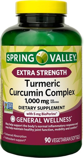 [BRSWYEAQDEFWCDQV] Spring Valley Extra Strength Turmeric Curcumin Complex Soft gels Dietary Supplement, 1,000 mg, 90 Count