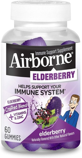[BRSWGBAHBUJQOCY3] Airborne Elderberry + Zinco & Vitamina C Gummies per Adulti, Supporto Immune Vitamina D & Zinc Gummies con Potenti Antiossidanti Vitamine C D & E - 60 Gummies, Sapore di Mirtillo
