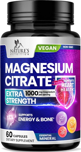 [BRSROEA5OJ4BSHI3] Magnesium Citrate Supplement Pills 1000mg - 3X Strength Magnesium Supplements for Bone, Muscle, Heart, Nature's Sleep Support for Men & Women, Vegan Mag Mineral, Non-GMO, Bottled i USA, 60 Capsules