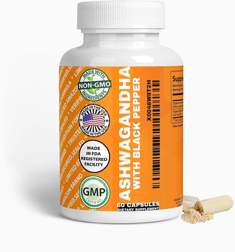 [BRSRAZQCAEPBSHQ3] Generic Organic Ashwagandha & Black Pepper Capsules, 1300mg & 10mg, 60 Count, Boost Immunity & Mood Naturally