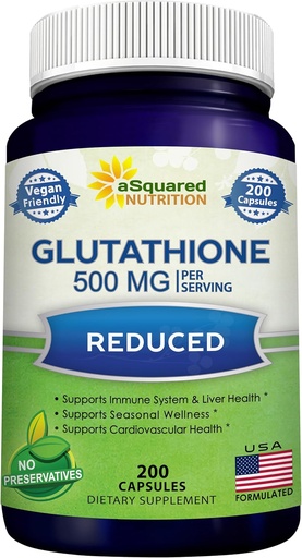 [BRSWGZT2DJ4BOCYZ] aSquared Nutrition Reduced Glutathione 500mg Per Serving Supplement -200 Capsules -L-Glutathione Antioxidant to Support Liver Health & Detox - Max Strength Powder Pills to Help Immune & Brain Function