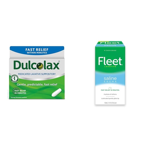 [BRSROBQEAAIQOF3L] Dulcolax Fast Relief Medicated Laxative Suppositories Fast Relief, Rectal Use Only, Bisacodyl, 10 mg & Fleet Laxative Saline Enema for Adult Constipation, 4.5 fl oz, 4 Bottles