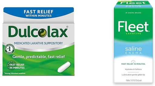 [BRSROBQEAAIQOF3L] Dulcolax rask relief Medisinert Laxative Suppositorier Rask relief, rektal bruk bare, Bisakodyl, 10 mg & Fleet Laxativt Saline Enema for voksen dyspepsi, 4,5 fl oz, 4 flasker