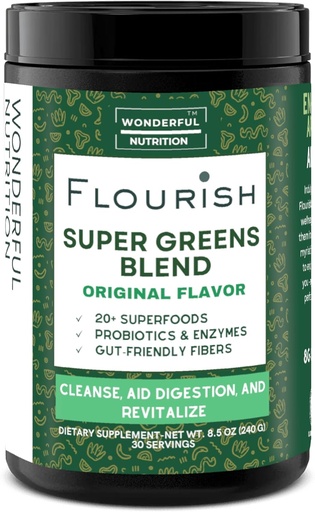[BRSROAQRAEMRGHQ3] Flourish Super Greens. Greens Powder Mix for Energy,with Chlorella Organic Spirulina, Beet Root Powder, Enzymes & Probiotics, Original, 30 Servings