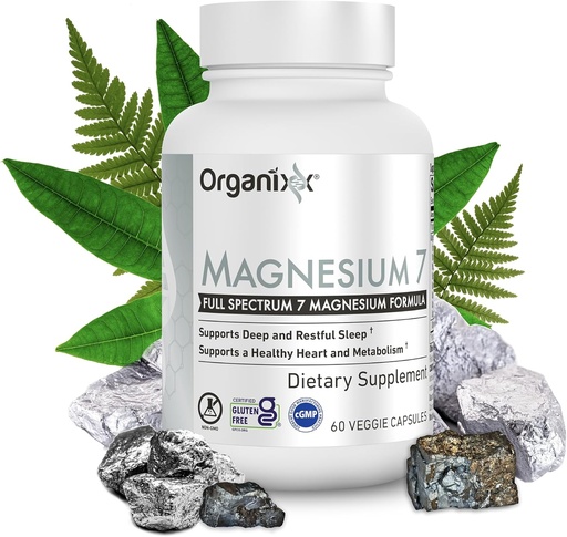 [BRSWYCALAQMRGAYU] Organixx Magnesium Glycinat Supplement for støtte søvn, muskel og hjerte helse, 7 Type Magnesium Kompleks med vitamin B6, Manganesisk Citrat, Glutenfri, Vegansk, Ikke GMO, høy absorpsjon, 60 Kapsler