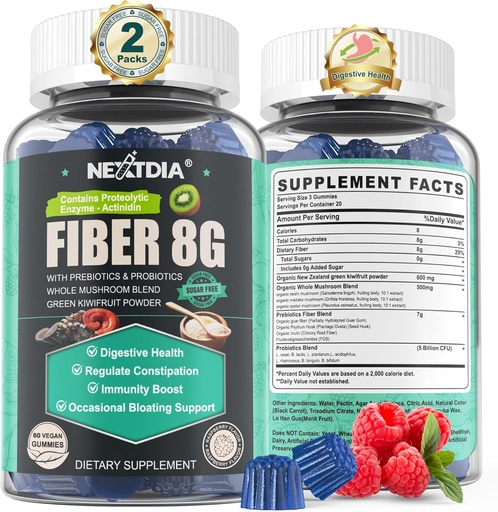 [BRSRAGQRC4CWMALK] Sugar Free Prebiotic Fiber Supplement for Women & Men | 8G High Fiber Gummies with Mushroom,Psyllium Husk, Digestive Enzymes, Guar Gum, Inulin to Support Gut & Digestive Health |120 Vegan Gummies