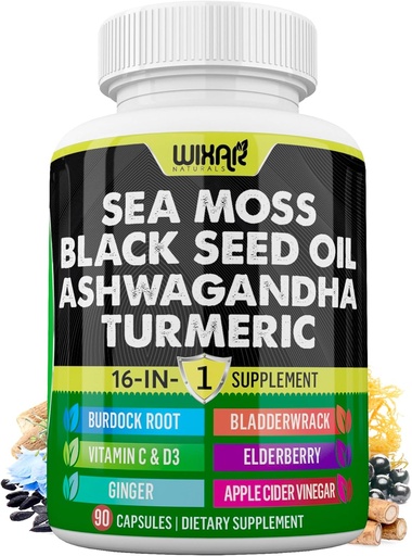 [BRSRAY33OAARY2DP] Wixar Sea Moss 3000mg Black Seed Oil 2000mg Ashwagandha 1000mg Turmeric 1000mg Bladderwrack 1000mg Burdock 1000mg & Vitamin C & D3 with Elderberry Dandelion Yellow Dock Chlorophyll ACV - 90 Capsules