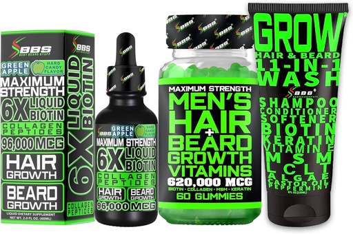 [BRSRAGQFCAPAEDIV] Beard Growth Kit w/Grow 11-in-1 Hair Growth Shampoo for Men & Conditioner w/Biotin + Beard Growth Vitamins & Hair Growth Vitamins for Men + 6X Liquid Biotin with Collagen - Formulated in America