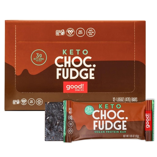 [BRSRMEARCQOWMALP] good! Snacks Chocolate Fudge Keto Protein Bar, Vegan, Soy & Gluten Free, Low Sugar Meal Replacement, 11g High Protein, Natural Healthy Snack, For Athletes & Active Lifestyles, 3g Net Carbs, 12 Bars